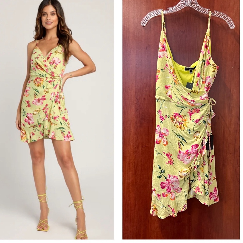 New Floral Wrap Dress Sunny Spell Lime Floral Print Jacquard Lulus Size Large